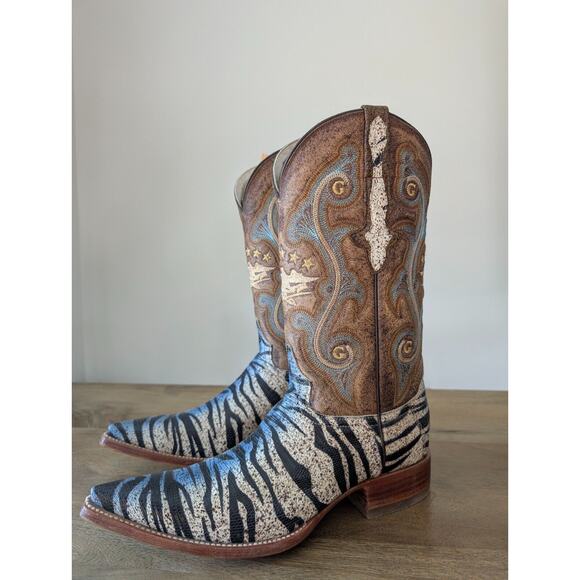 El General Cowboy Boots Mens Size 8 Stingray Lizard Zebra Stripe Pointed Toe - Picture 2 of 4